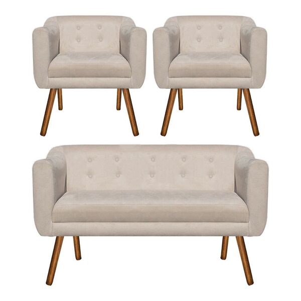 Kit 01 Namoradeira E 02 Poltronas Julia Suede Bege Pés Palito