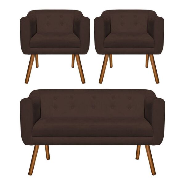 Kit 01 Namoradeira E 02 Poltronas Julia Suede Marrom Pés Pali