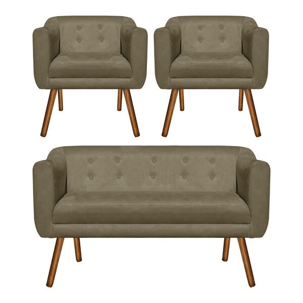 Kit 01 Namoradeira E 02 Poltronas Julia Suede Pés Palito Cast