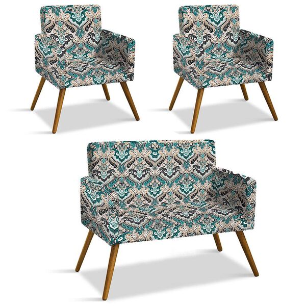 Kit 01 Namoradeira E 02 Poltronas Larissa Estampado Pés Palit