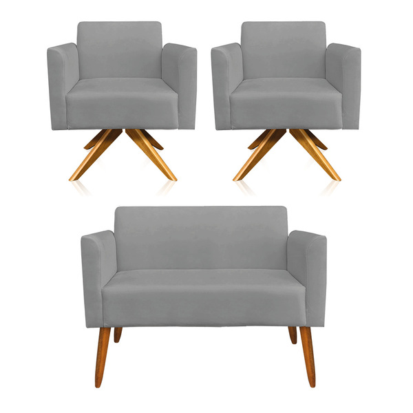 Kit 01 Namoradeira E 02 Poltronas Marisa Suede Base Giratória