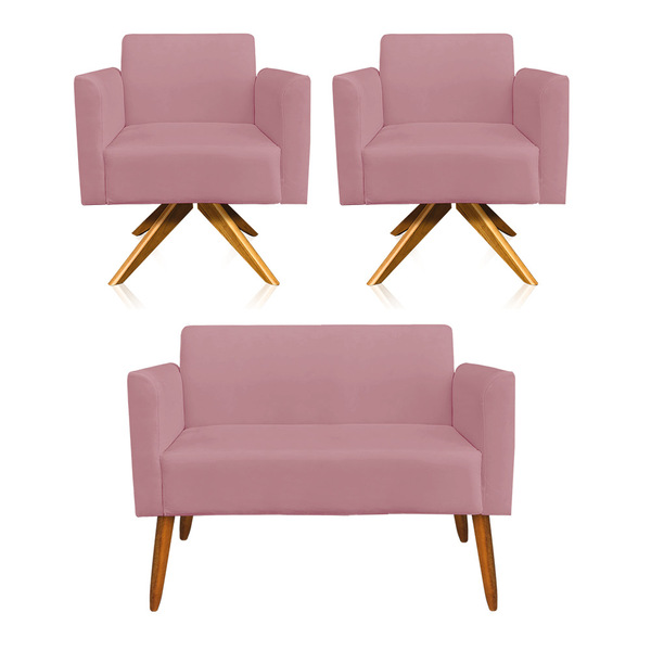 Kit 01 Namoradeira E 02 Poltronas Marisa Suede Base Giratória