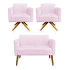 Kit 01 Namoradeira E 02 Poltronas Marisa Suede Rosa Bebê Base