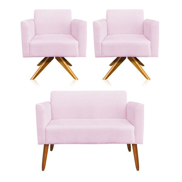 Kit 01 Namoradeira E 02 Poltronas Marisa Suede Rosa Bebê Base