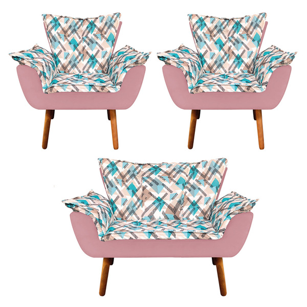 Kit 01 Namoradeira E 02 Poltronas Opala Composê Suede Com Est