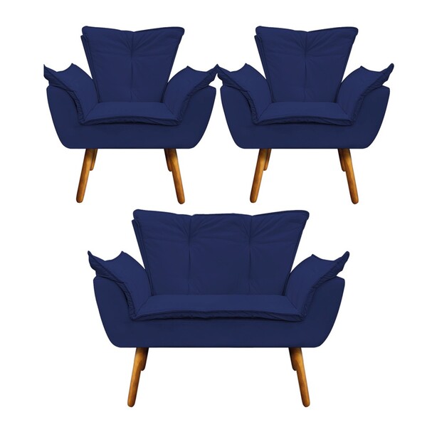 Kit 01 Namoradeira E 02 Poltronas Opala Corino Pés Palito Cas