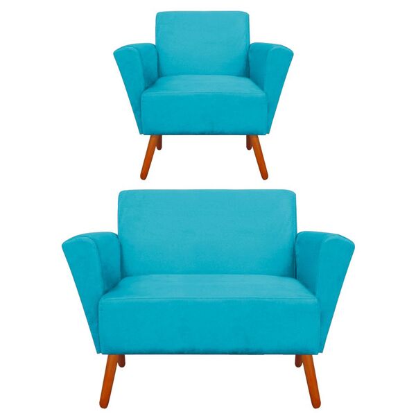 Kit 01 Namoradeira E Poltrona Dora Suede Pés Palito Castanho