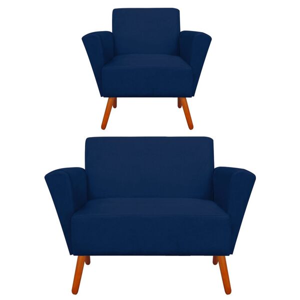 Kit 01 Namoradeira E Poltrona Dora Suede Pés Palito Castanho