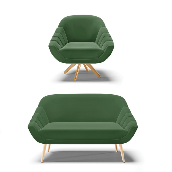 Kit 01 Namoradeira Giovana Pés Palito Natural E 01 Poltrona G