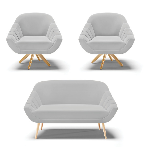 Kit 01 Namoradeira Giovana Pés Palito Natural E 02 Poltronas