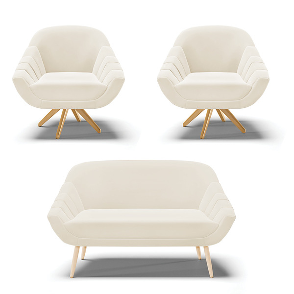 Kit 01 Namoradeira Giovana Pés Palito Natural E 02 Poltronas