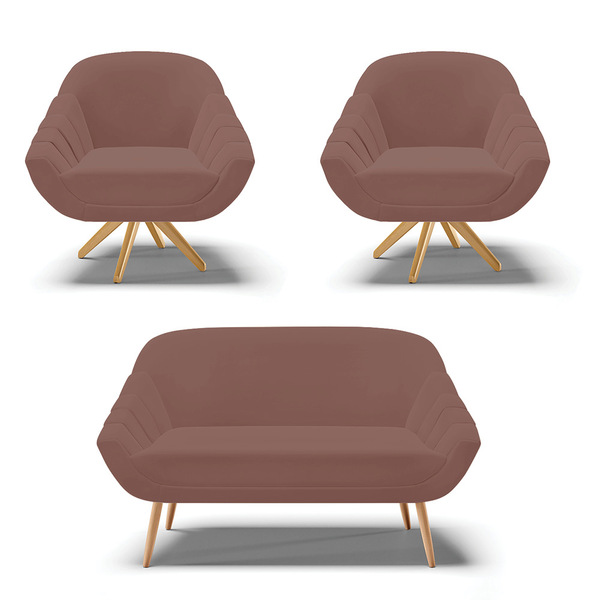 Kit 01 Namoradeira Giovana Pés Palito Natural E 02 Poltronas