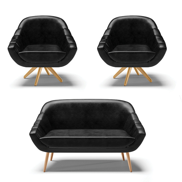 Kit 01 Namoradeira Giovana Pés Palito Natural E 02 Poltronas