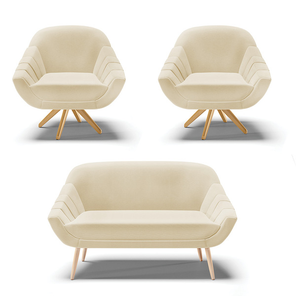 Kit 01 Namoradeira Pés Palito Natural E 02 Poltronas Giratóri