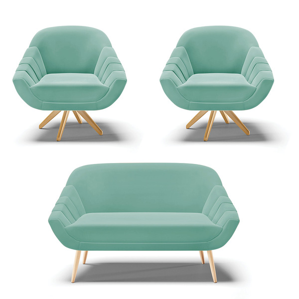 Kit 01 Namoradeira Pés Palito Natural E 02 Poltronas Giratóri