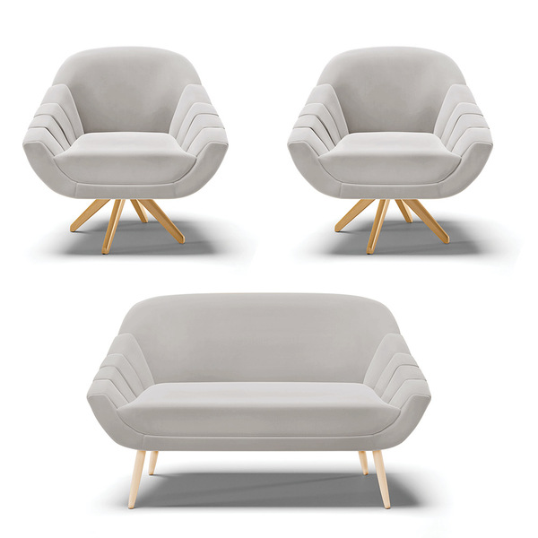 Kit 01 Namoradeira Pés Palito Natural E 02 Poltronas Giratóri