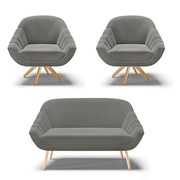 Kit 01 Namoradeira Pés Palito Natural E 02 Poltronas Giratóri