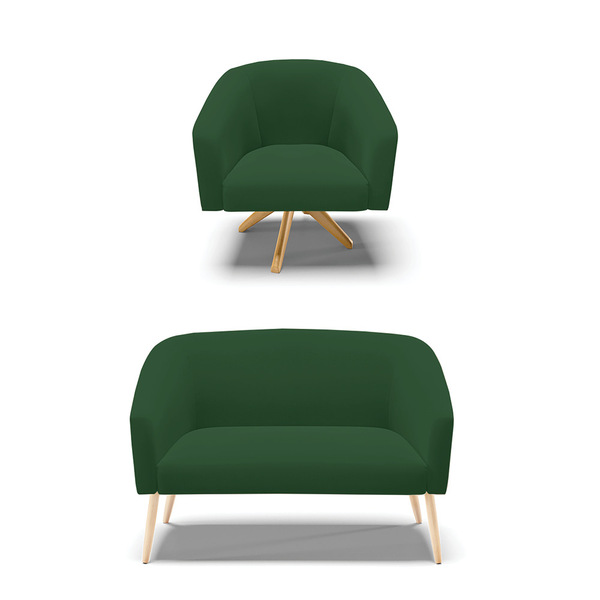 Kit 01 Namoradeira Stella Pés Palito Natural E 01 Poltrona Gi