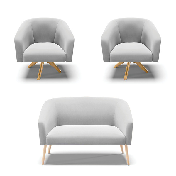 Kit 01 Namoradeira Stella Pés Palito Natural E 02 Poltronas G