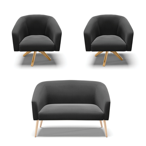 Kit 01 Namoradeira Stella Pés Palito Natural E 02 Poltronas G