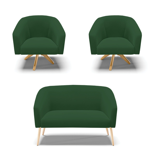 Kit 01 Namoradeira Stella Pés Palito Natural E 02 Poltronas G