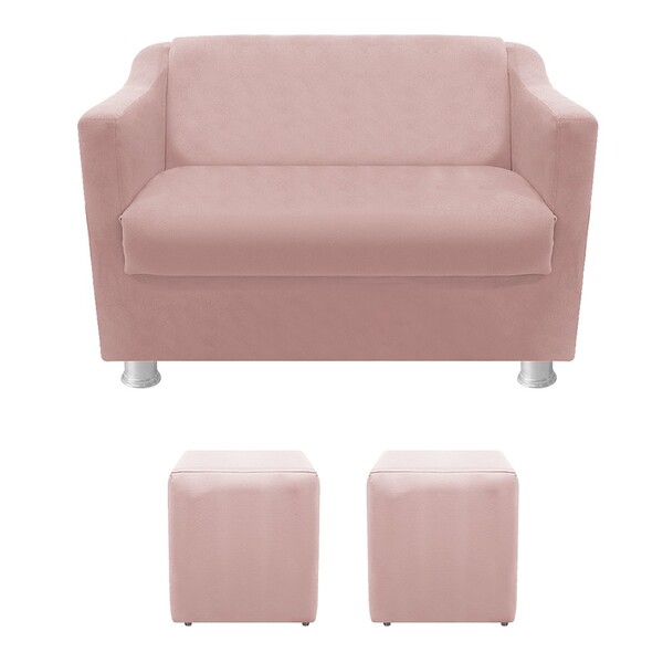 Kit 01 Namoradeira Tilla E 02 Puffs Dado Suede Rosê - Amarena