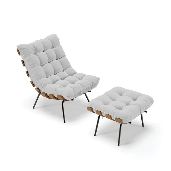 Kit 01 Poltrona E 01 Puff Costela Linho Cinza A05 Base Metáli