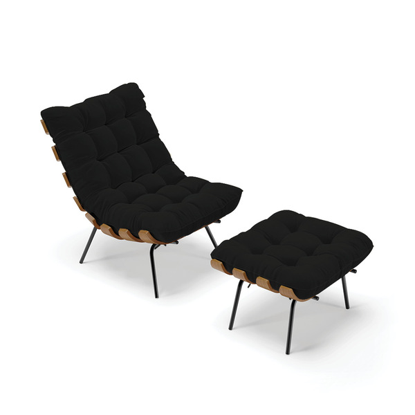 Kit 01 Poltrona E 01 Puff Costela Linho Preto A79 Base Metáli