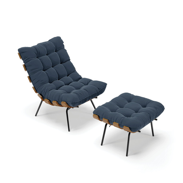 Kit 01 Poltrona E 01 Puff Costela Suede Azul Marinho Base Met