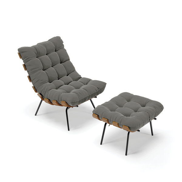 Kit 01 Poltrona E 01 Puff Costela Suede Grafite Base Metálica