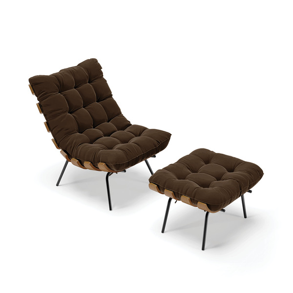 Kit 01 Poltrona E 01 Puff Costela Suede Marrom Base Metálica