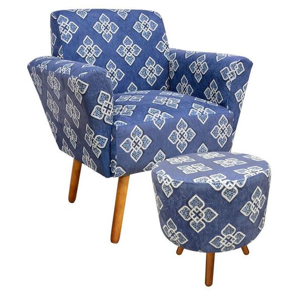 Kit 01 Poltrona E 01 Puff Dora Estampado Floral Bordado D54 P