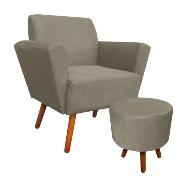 Kit 01 Poltrona E 01 Puff Dora Suede Marrom Rato Pés Palito D