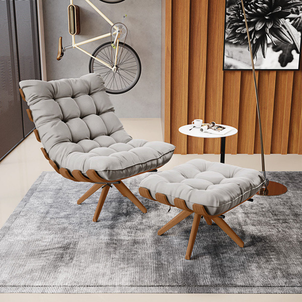 Kit 01 Poltrona E 01 Puff Giratório Costela Base Madeira Ma30