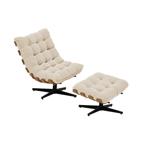 Kit 01 Poltrona E 01 Puff Giratório Costela Suede Bege Base M