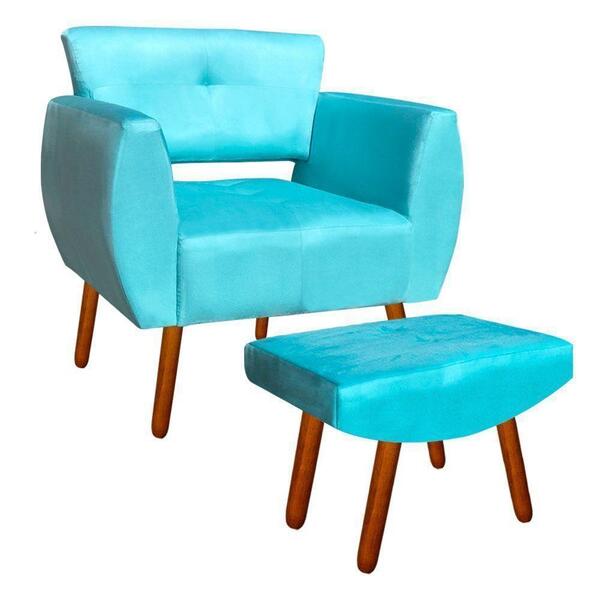 Kit 01 Poltrona E 01 Puff Josy Azul Turquesa Pés Palito