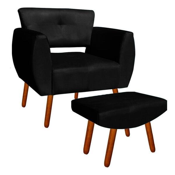 Kit 01 Poltrona E 01 Puff Josy Suede Preto Pés Palito Drossi