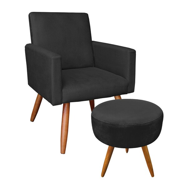 Kit 01 Poltrona E 01 Puff Larissa Suede Pés Palito Castanho M