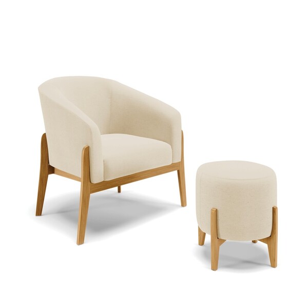 Kit 01 Poltrona E 01 Puff Stella Linho Bege A19 Base Madeira