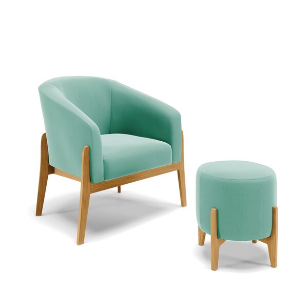 Kit 01 Poltrona E 01 Puff Stella Suede Azul Turquesa Base Mad