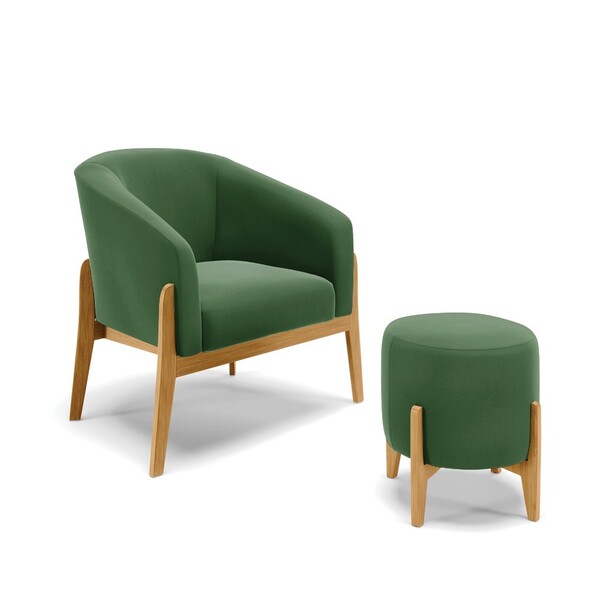 Kit 01 Poltrona E 01 Puff Stella Suede Verde Base Madeira Cas