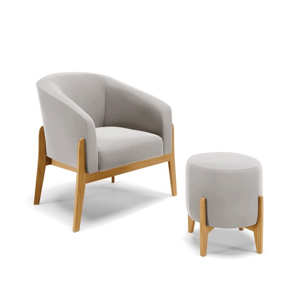 Kit 01 Poltrona E 01 Puff Stella Veludo Base Madeira Castanho