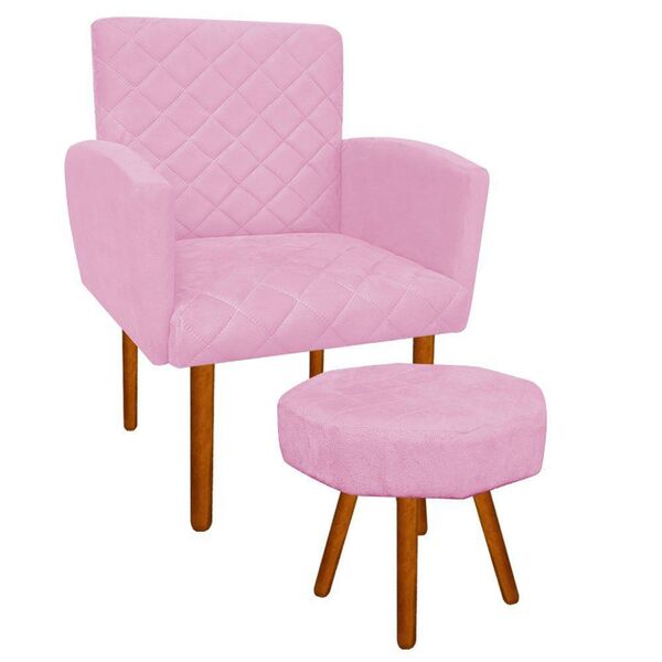 Kit 01 Poltrona E 01 Puff Veronês Suede Rosa Bebê Pés Palito