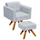 Kit 01 Poltrona Giratória E 01 Puff Elisa Suede Base Madeira