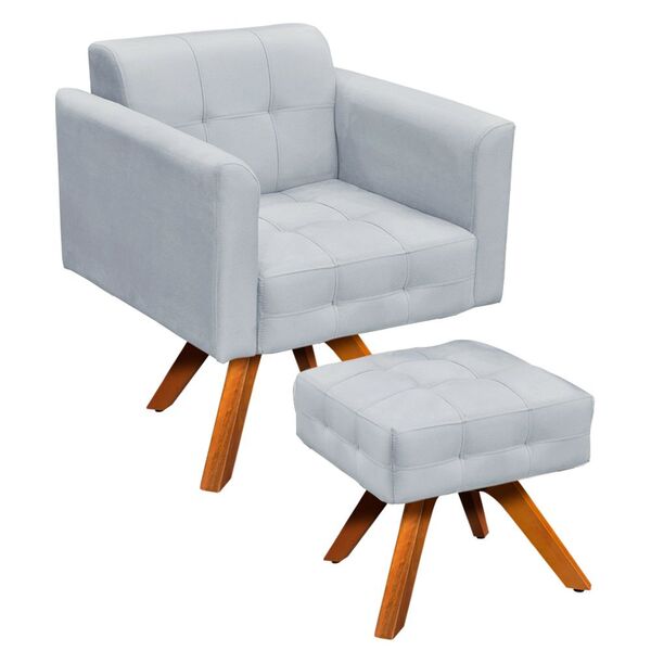 Kit 01 Poltrona Giratória E 01 Puff Elisa Suede Base Madeira