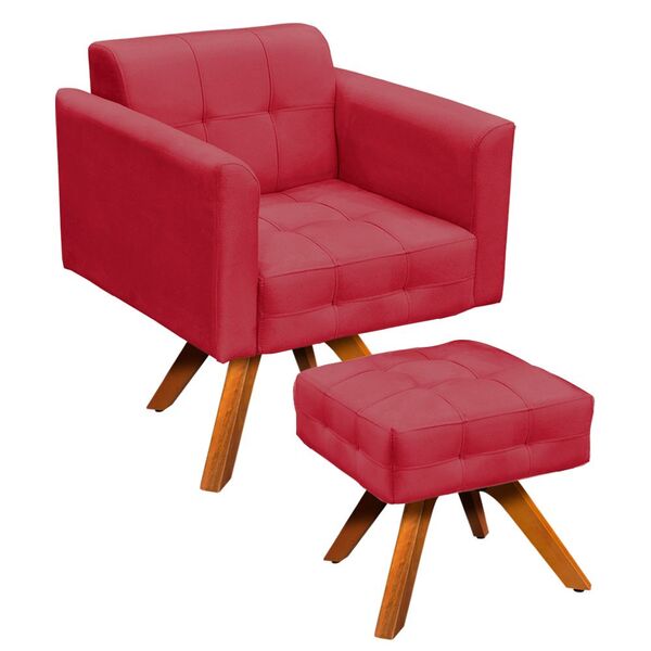 Kit 01 Poltrona Giratória E 01 Puff Elisa Suede Base Madeira