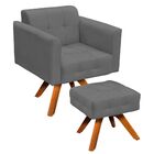 Kit 01 Poltrona Giratória E 01 Puff Elisa Suede Base Madeira