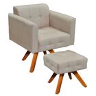 Kit 01 Poltrona Giratória E 01 Puff Elisa Suede Base Madeira