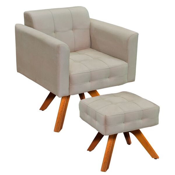 Kit 01 Poltrona Giratória E 01 Puff Elisa Suede Base Madeira