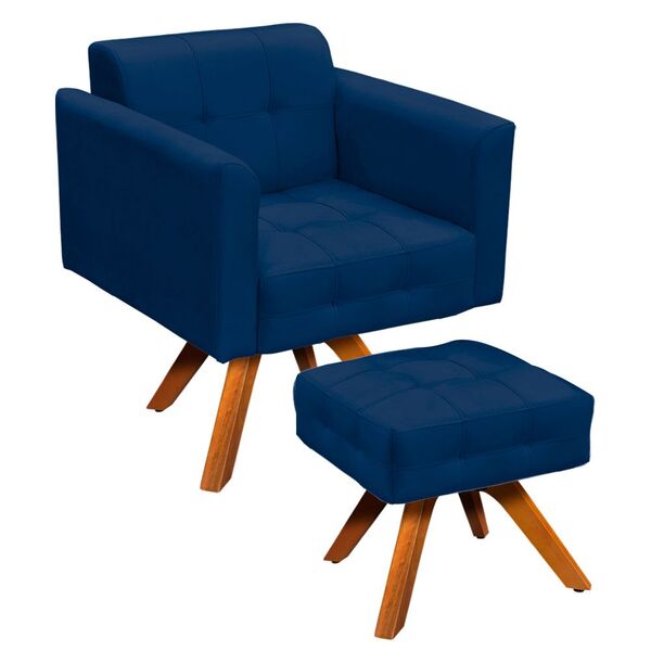 Kit 01 Poltrona Giratória E 01 Puff Elisa Suede Base Madeira